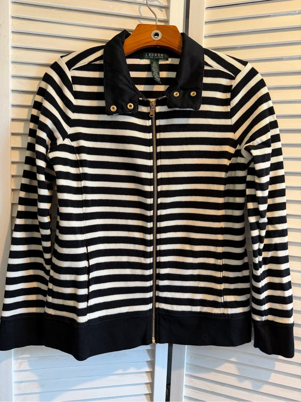 Lauren Ralph Lauren Black White Striped Zip Up Jacket Medium